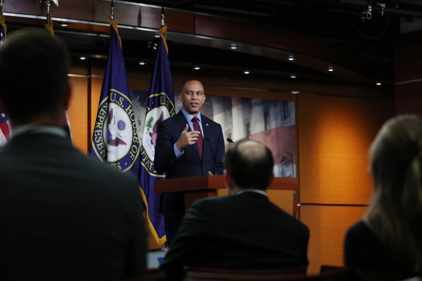 US Minority Leader Hakeem Jeffries speaks to reporters at a news conference inside the US Capitol on Monday in Washington, DC.