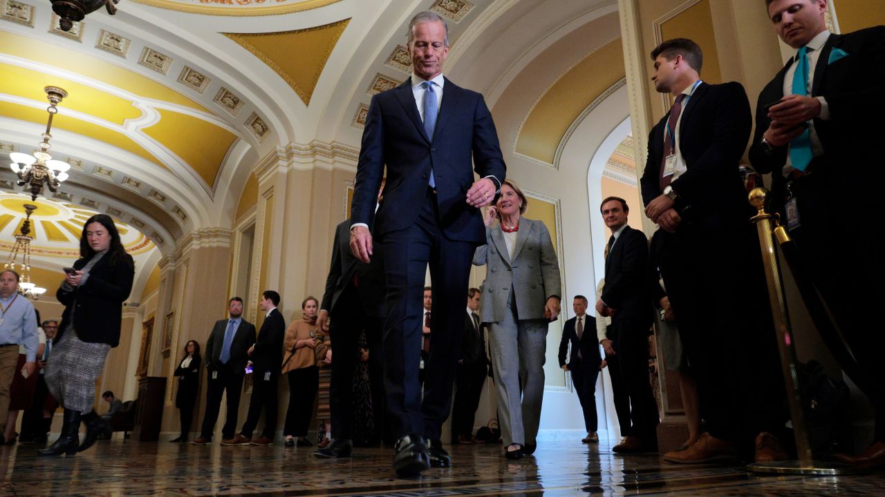 Senate Majority Leader John Thune prepares to speak to reporters at the US Capitol on November 19, 2025, in Washington, DC.