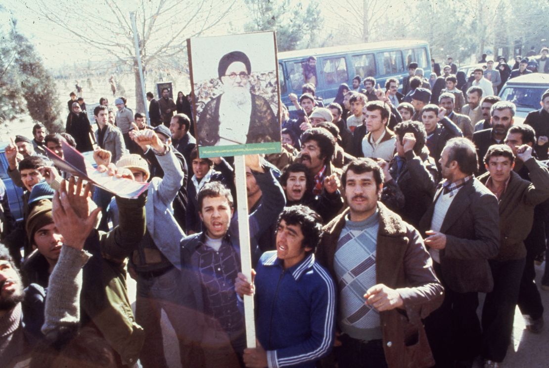 Iranians take to the streets in Tehran to protest of the Shah of Iran's regime in 1979.