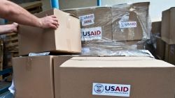 This 2014 photo shows boxes containing sanitation kits and soap provided by the United States Agency for International Development (USAID) being stored at a UN school before a distribution to Palestinian displaced people on August 15, 2014 in Gaza City.