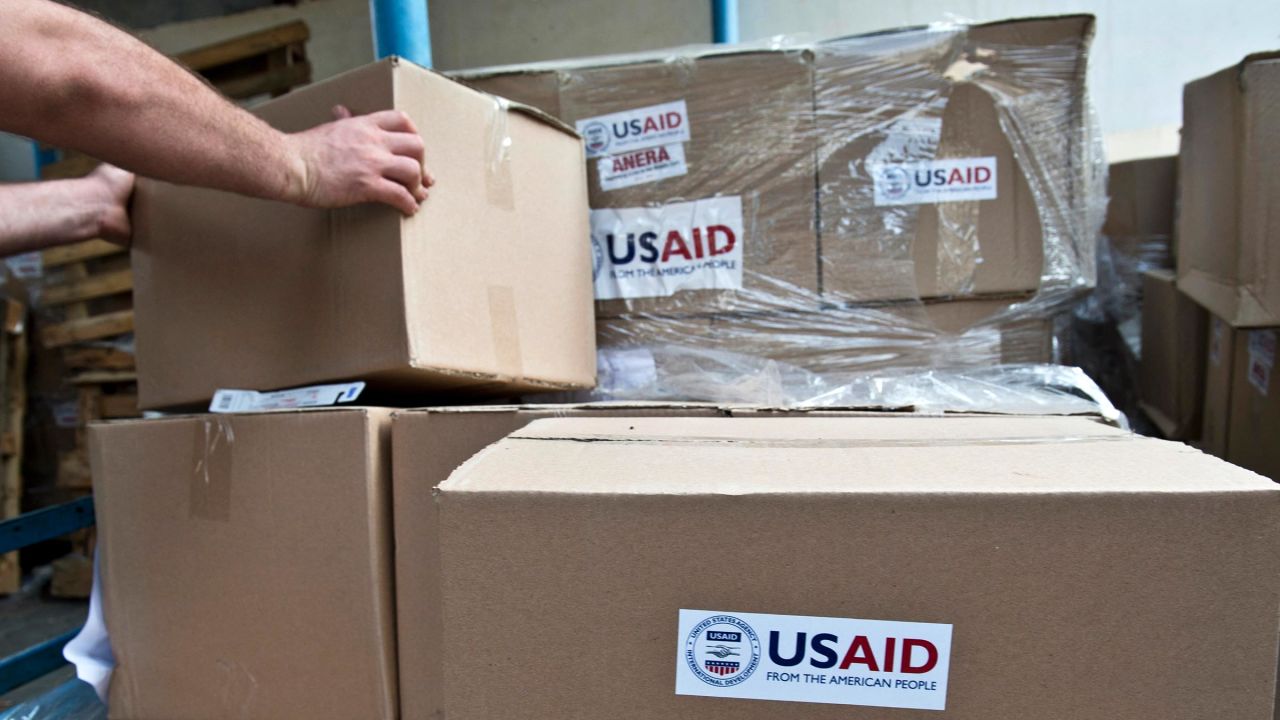 This 2014 photo shows boxes containing sanitation kits and soap provided by the United States Agency for International Development (USAID) being stored at a UN school before a distribution to Palestinian displaced people on August 15, 2014, in Gaza City.