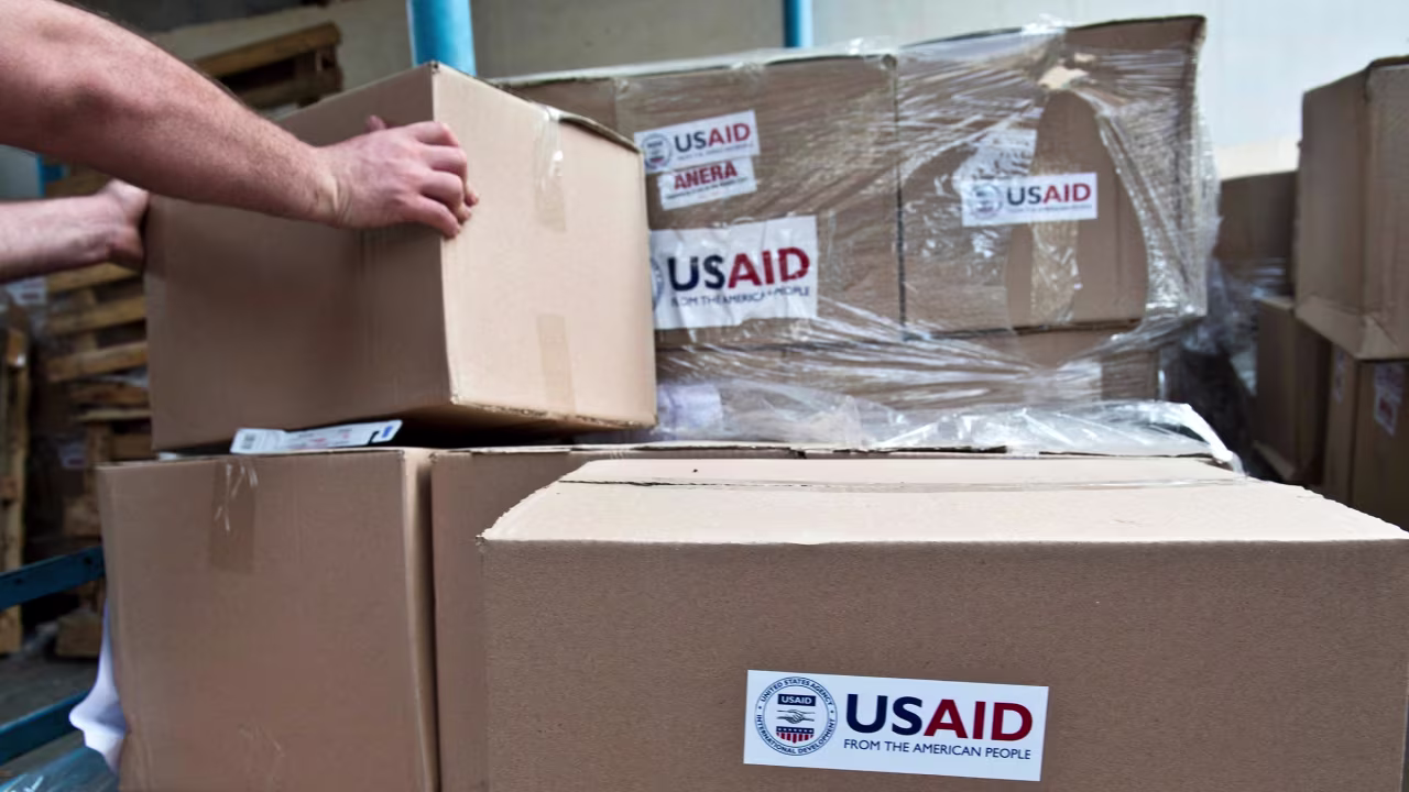 This 2014 photo shows boxes containing sanitation kits and soap provided by USAID being stored at a UN school in Gaza.
