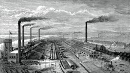 An iron and steel works factory in England in 1880. 