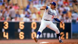 LOS ANGELES: Fernando Valenzuela #34 of the Los Angeles Dodgers pitches during a game at Dodger Stadium in Los Angeles, California. Valenzuela played for the Dodgers from 1980-1990. (Photo by Ron Vesely/MLB Photos via Getty Images)