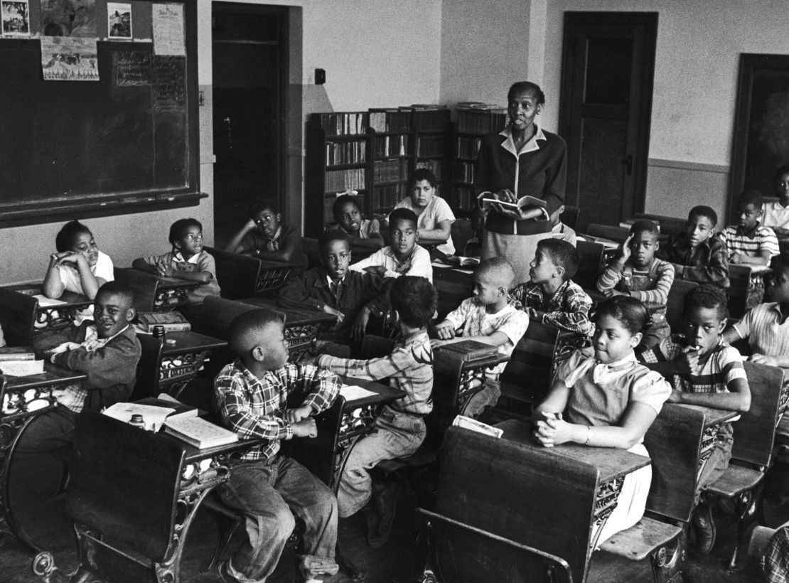 Inside a classroom at Monroe Elementary School in Topeka, Kansas in March 1953. Among the students are Linda Brown, bottom right, and her sister Terry Lynn, far left row, second from front, who, with their parents, initiated the Brown v. Board of Education.