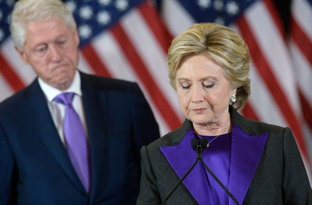 Hillary Clinton, former 2016 Democratic presidential nominee, pauses while speaking at the New Yorker Hotel in New York, on November 9, 2016. 