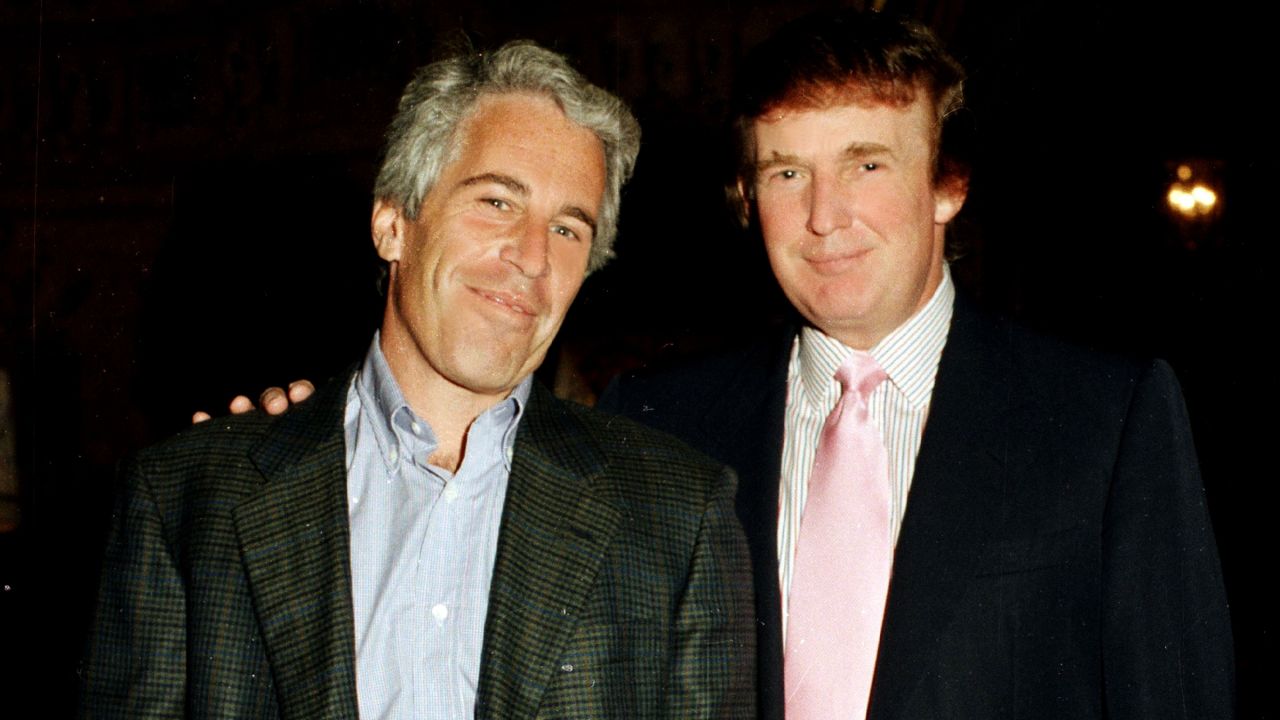 Portrait of American financier Jeffrey Epstein (left) and real estate developer Donald Trump as they pose together at the Mar-a-Lago estate, Palm Beach, Florida on February 22, 1997.