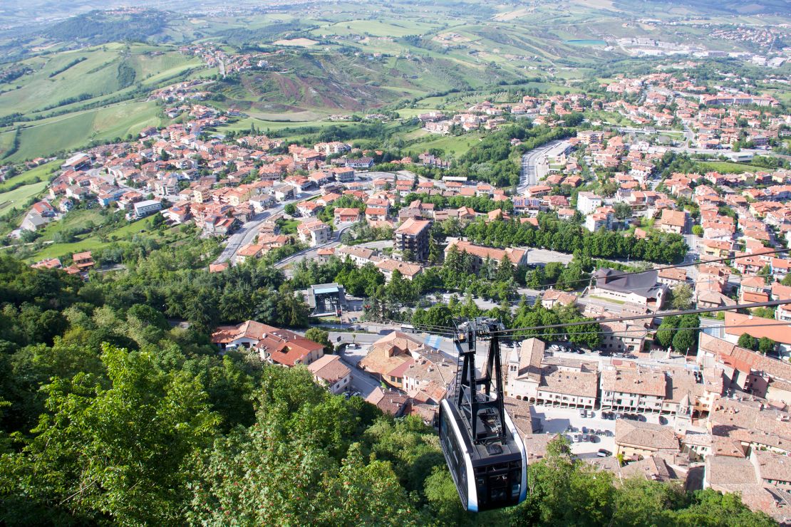Borgo Maggiore, at the foot of San Marino's Mount Titano, can be reached by cable car.