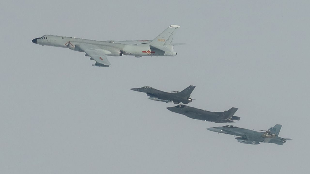 This photo from the North American Aerospace Defense Command shows the US and Canada intercepting Chinese H-6 bombers flying near Alaska on Wednesday, July 24.