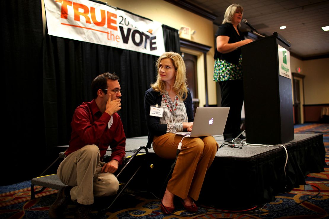 Catherine Engelbrecht, center, leader of True the Vote, a national group focused on voter fraud, in Worthington, Ohio, in 2012.