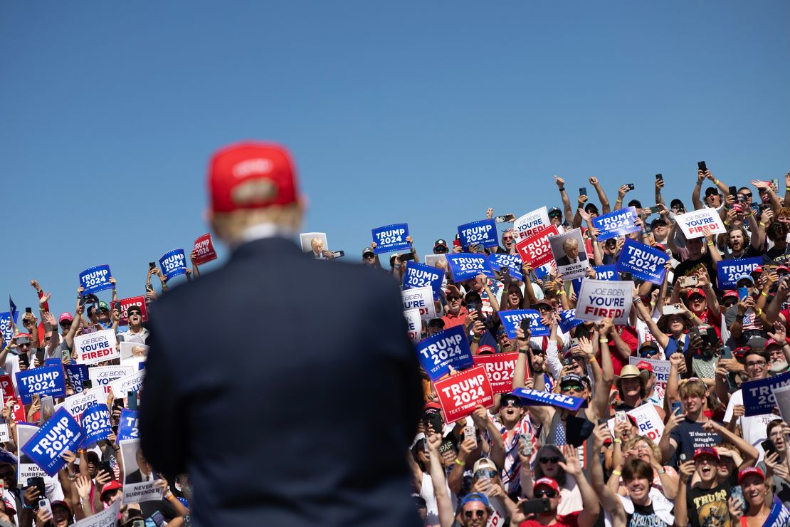 Donald Trump holds a campaign rally in Chesapeake, Virginia, on Friday, June 28, 2024.
