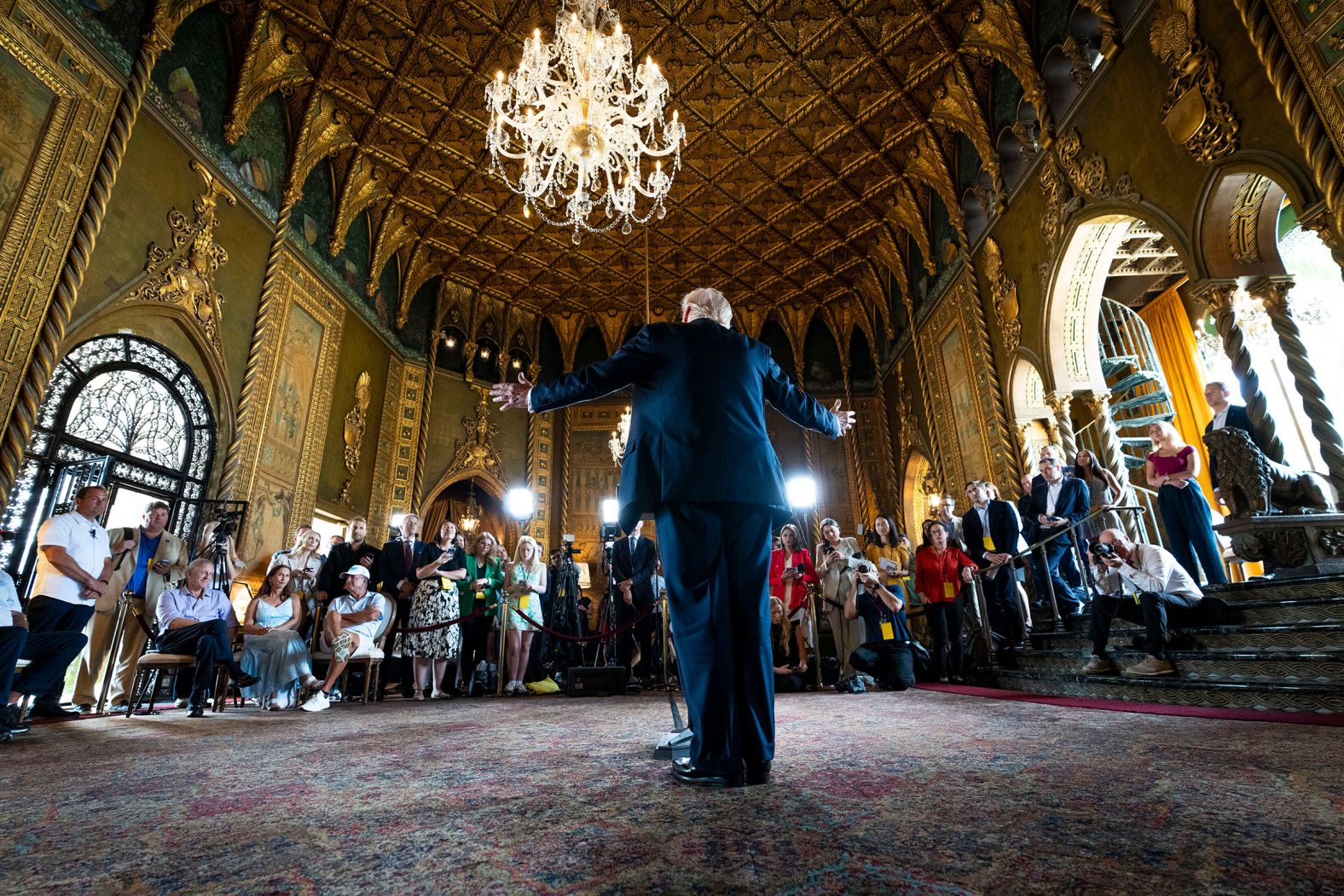 Trump arrives for a news conference at his Mar-a-Lago estate in Palm Beach, Florida, on August 8. It was <a href="index.php?page=&url=https%3A%2F%2Fwww.cnn.com%2F2024%2F08%2F08%2Fpolitics%2Ftrump-news-conference-attacks-harris-walz%2Findex.html">his first news conference since the Democratic ticket was announced</a>. Over about an hour, Trump fielded a variety of questions and swerved into familiar talking points.