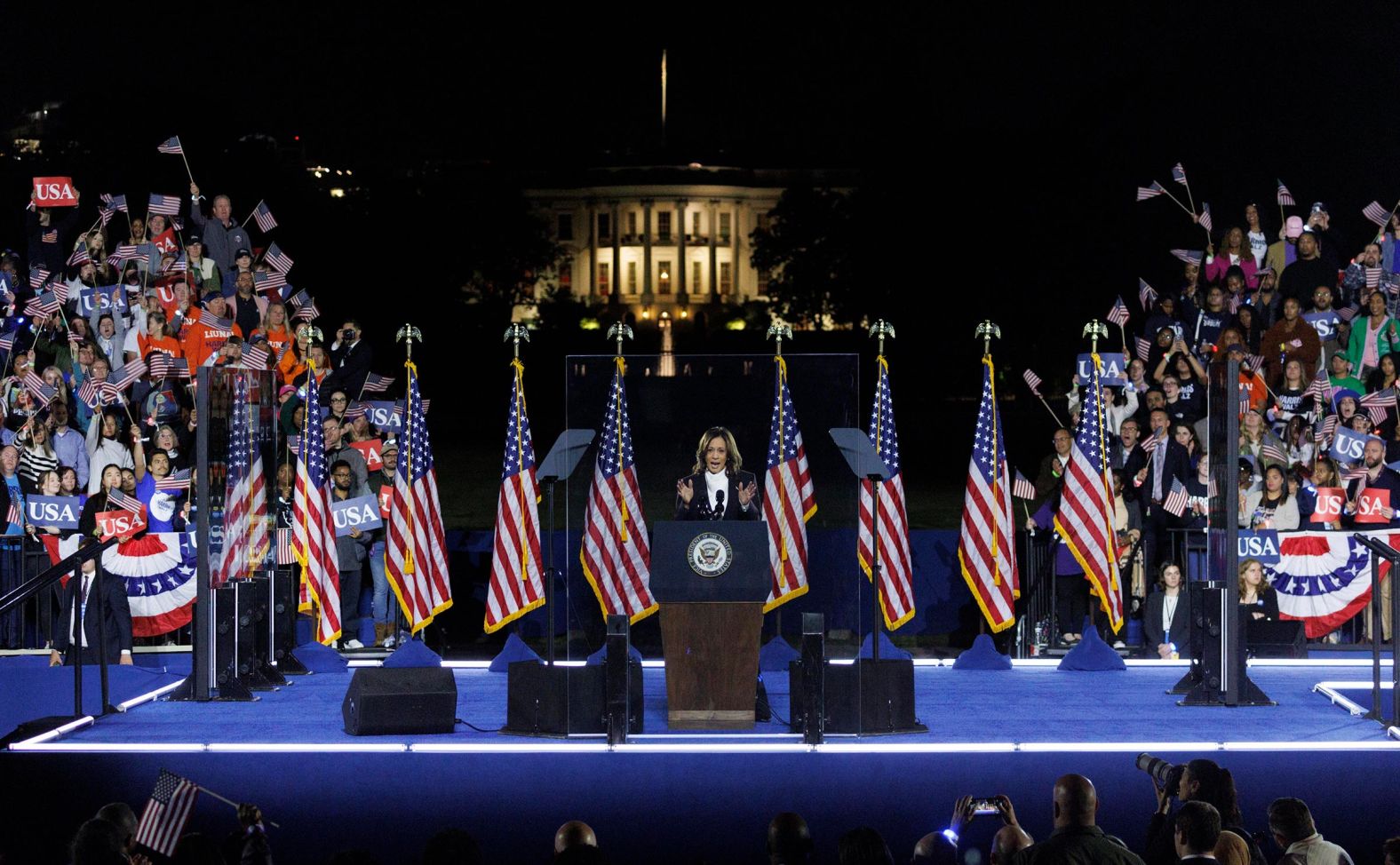 Harris speaks from the Ellipse in Washington, DC, in October 2024. The Harris-Walz campaign billed the speech as her <a href=