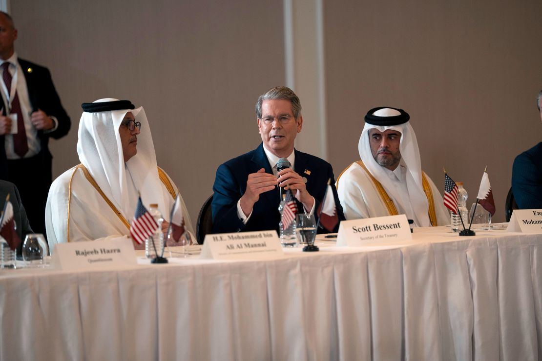 Treasury Secretary Scott Bessent speaks as President Donald Trump hosts a meeting with business leaders in Doha, Qatar, on May 15.