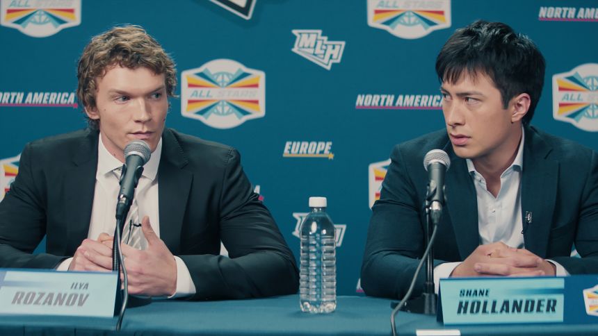 Connor Storrie (left) and Hudson Williams play fictional hockey players Ilya Rozanov and Shane Hollander, respectively, on the TV series 'Heated Rivalry.'