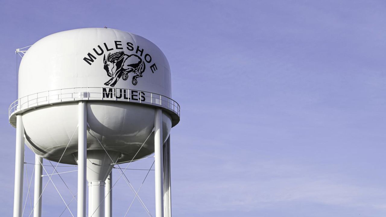 This undated photo from the City of Muleshoe, Texas, shows the Muleshoe Mules water tower.