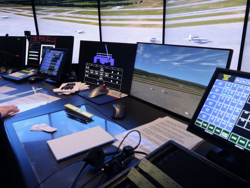 Inside the tower simulator looking out at the virtual Academy Airport.