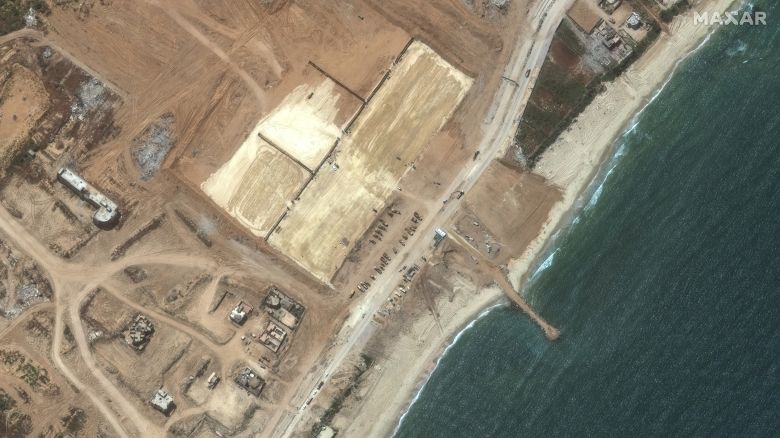 This satellite photo taken April 23, 2024, shows where a pier that will transport humanitarian aid is being constructed in Gaza.