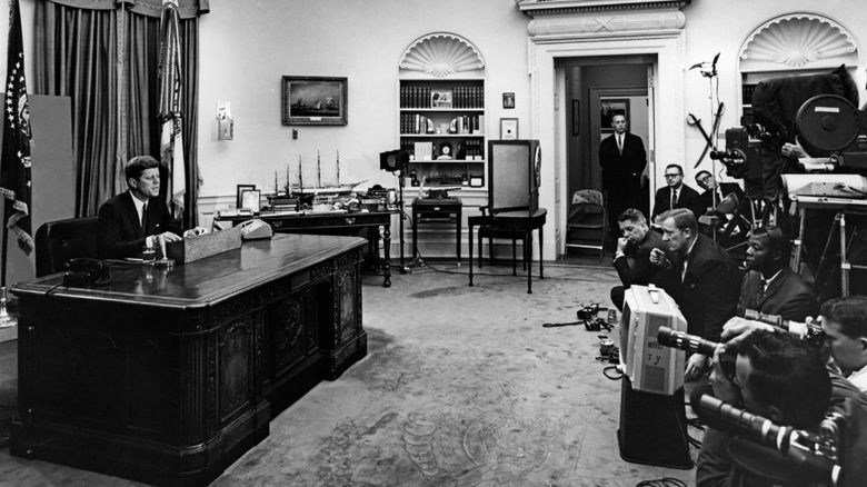 In this June 11, 1963, photo, President John F. Kennedy addresses the nation following the desegregation of the University of Alabama and the University of Mississippi and announces that he would be sending civil rights legislation to Congress.