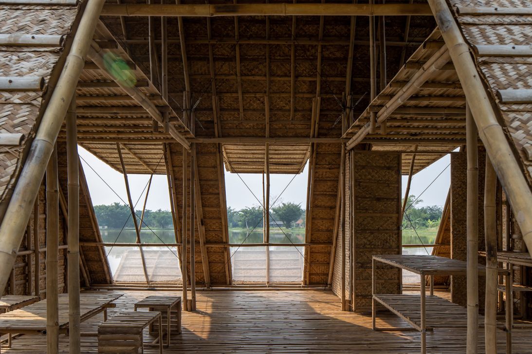 The door system of the Floating Bamboo House prototype allows for natural ventilation, but can be closed to protect the home during storms.