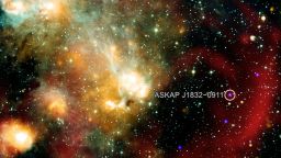 A wide field composite image shows ASKAP J1832 in X-ray, radio, and infrared light.