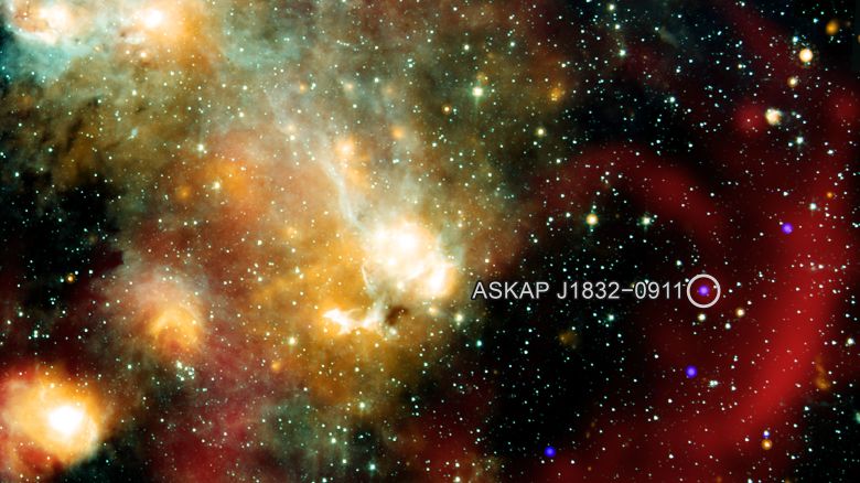 A wide field composite image shows ASKAP J1832 in X-ray, radio, and infrared light.
