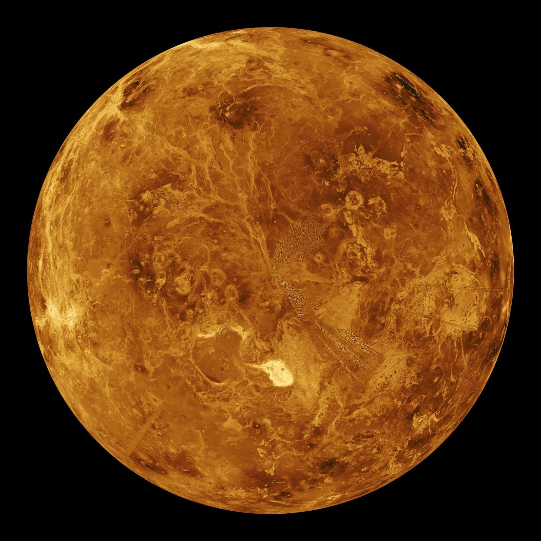 Venus' northern hemisphere appears in this global view of the planet's surface as seen by NASA's Magellan spacecraft in an image created in 1996.