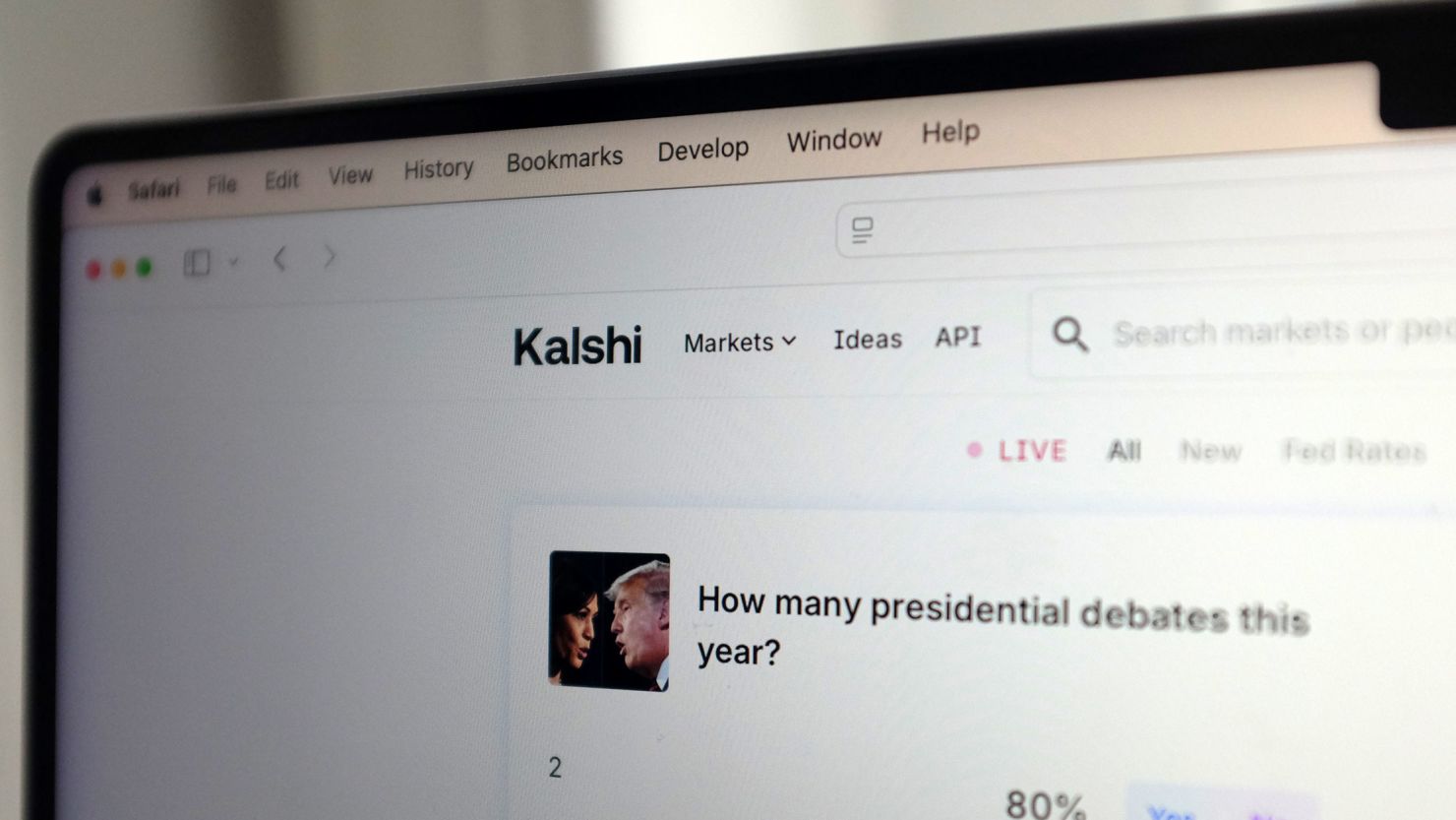 This photo shows the website Kalshi, an American financial exchange and prediction market, on Wednesday, October 2, 2024. A federal appeals court in Washington, DC, on Wednesday allowed the prediction market to offer election betting, denying a government watchdog’s request to halt a ruling that made way for legal political gambling in the United States.