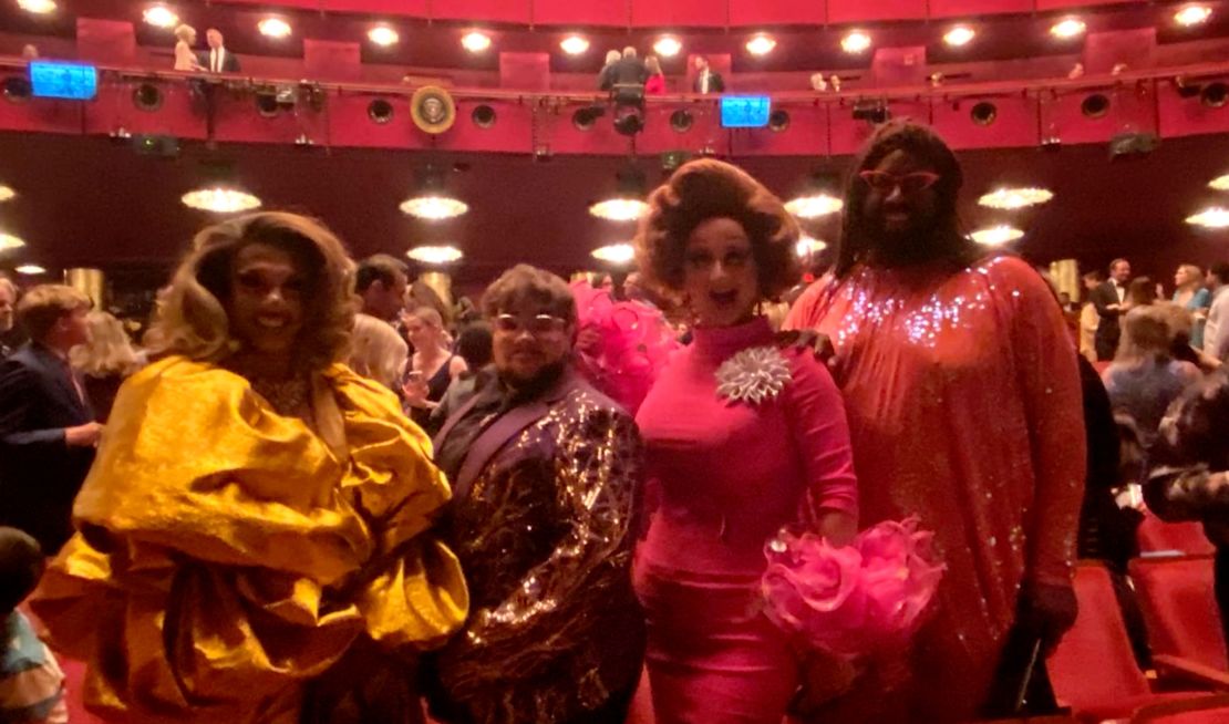 Maria Con Carne, Ricky Rosé, Tara Hoot and another drag artist pose for a photo inside the John F. Kennedy Center for the Performing Arts on the opening night of Les Misérables on June 11 in Washington, DC.