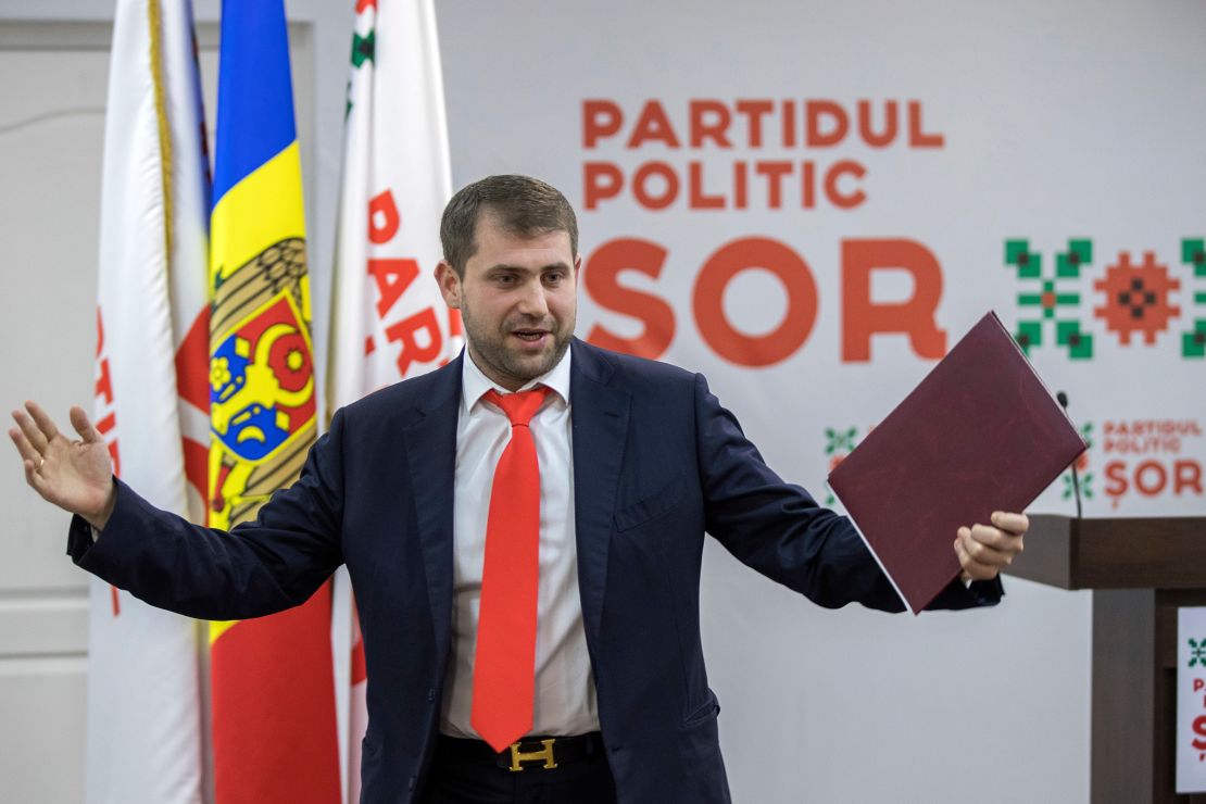 In this February 2019 photo, Ilan Shor, gestures at the briefing of the electoral campaign totalization at party's headquarter in Chisinau, Moldova.