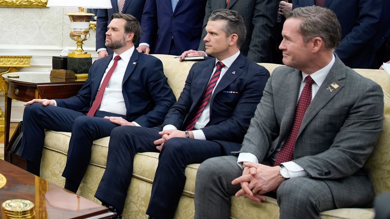 In this March 13 photo, Vice President JD Vance, Secretary of Defense Pete Hegseth and national security adviser Mike Waltz listen to President Donald Trump, not pictured, in the Oval Office in Washington, DC.