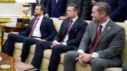 In this March 13 photo, Vice President JD Vance, Secretary of Defense Pete Hegseth and National Security Advisor Mike Waltz listen to President Donald Trump, not pictured, in the Oval Office in Washington, DC.