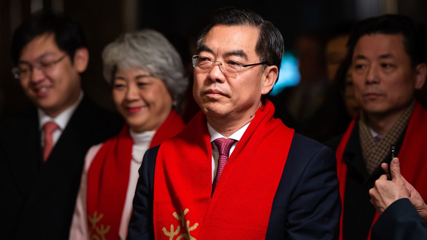 In this February 2019 photo, Chinese Consul General to New York City Huang Ping is seen during a ceremonial lighting ceremony to commemorate the Chinese Lunar New Year at the Empire State Building in New York.