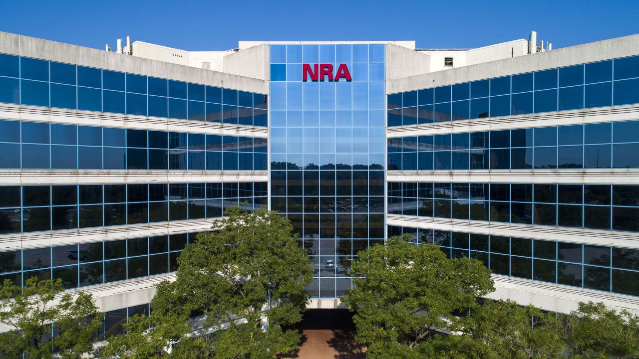 An image made with a drone shows the headquarters of the National Rifle Association in Fairfax, Virginia, on August 10, 2020.