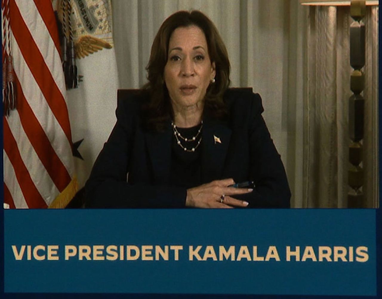 In this still from video, Vice President Kamala Harris speaks during a hurricane briefing on Wednesday, October 9.