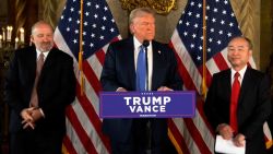 President-elect Donald Trump stands with Howard Lutnick, left, and SoftBank CEO Masayoshi Son, right, at Mar-a-Lago in Palm Beach, Florida, on Monday, December 16.