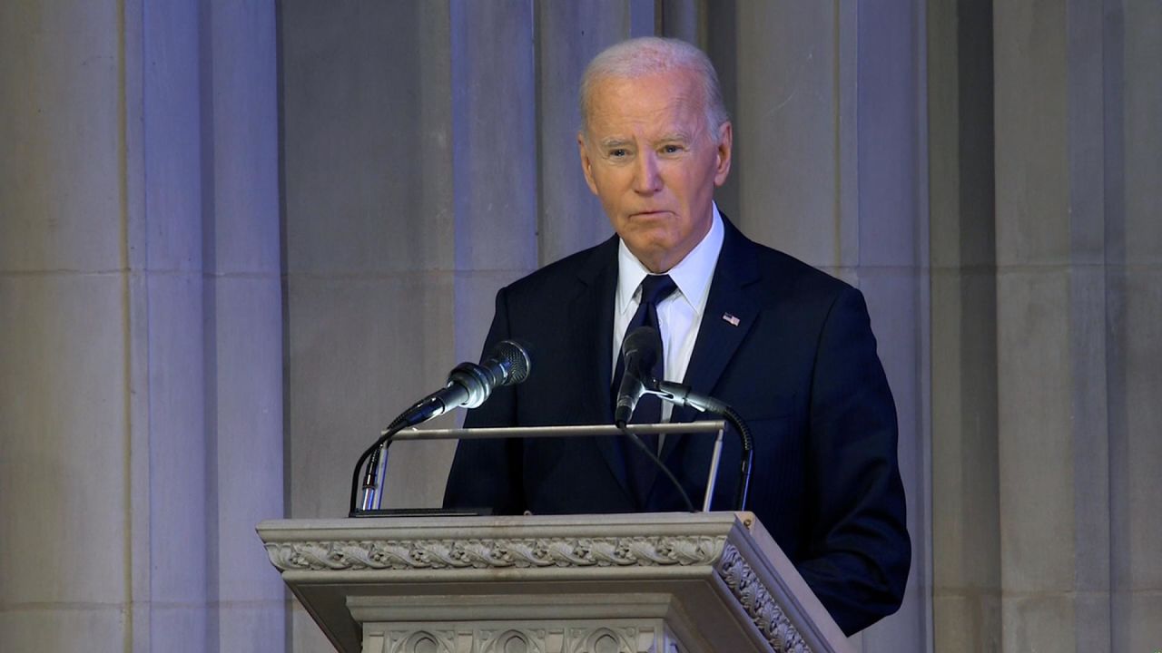 President Joe Biden speaks at the National Funeral Service of former President Jimmy Carter at the National Cathedral in Washington, DC, on January 9.