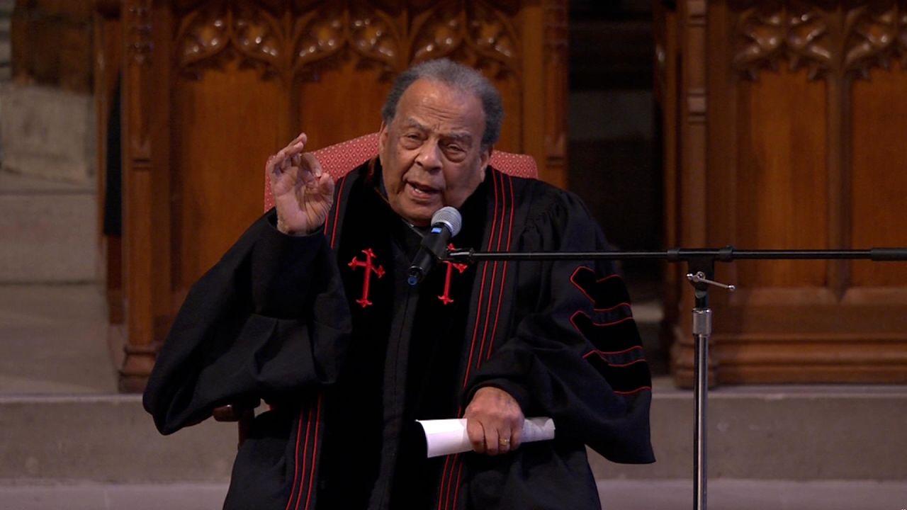 Rev. Andrew Young, former US ambassador to the United Nations, speaks at the National Funeral Service of former President Jimmy Carter at the National Cathedral in Washington, DC, on January 9.