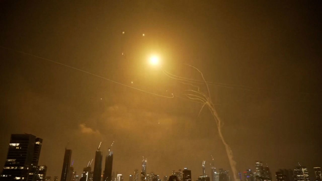 This still from video shows strikes over Tel Aviv in Israel on June 13, 2025.