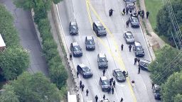 This still from aerial video shows an active police scene near the campus of Emory University and the CDC.