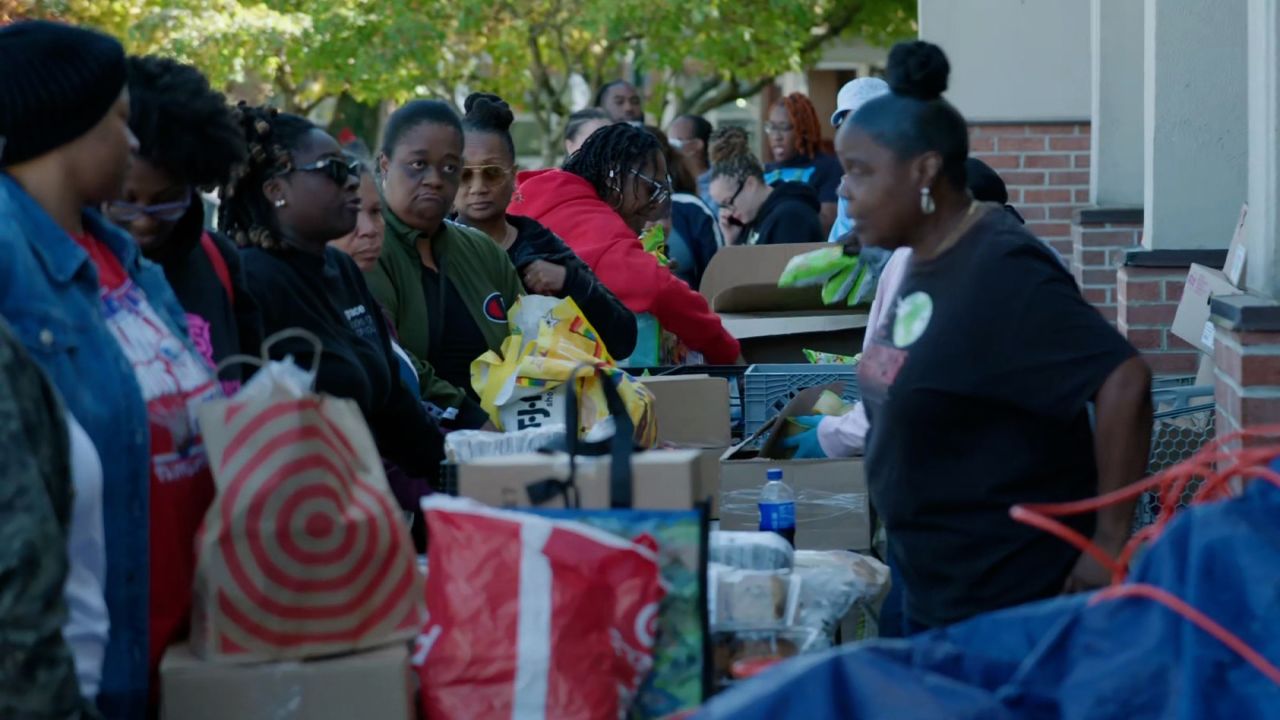 A line forms at a DC food bank on October 21, 2025.