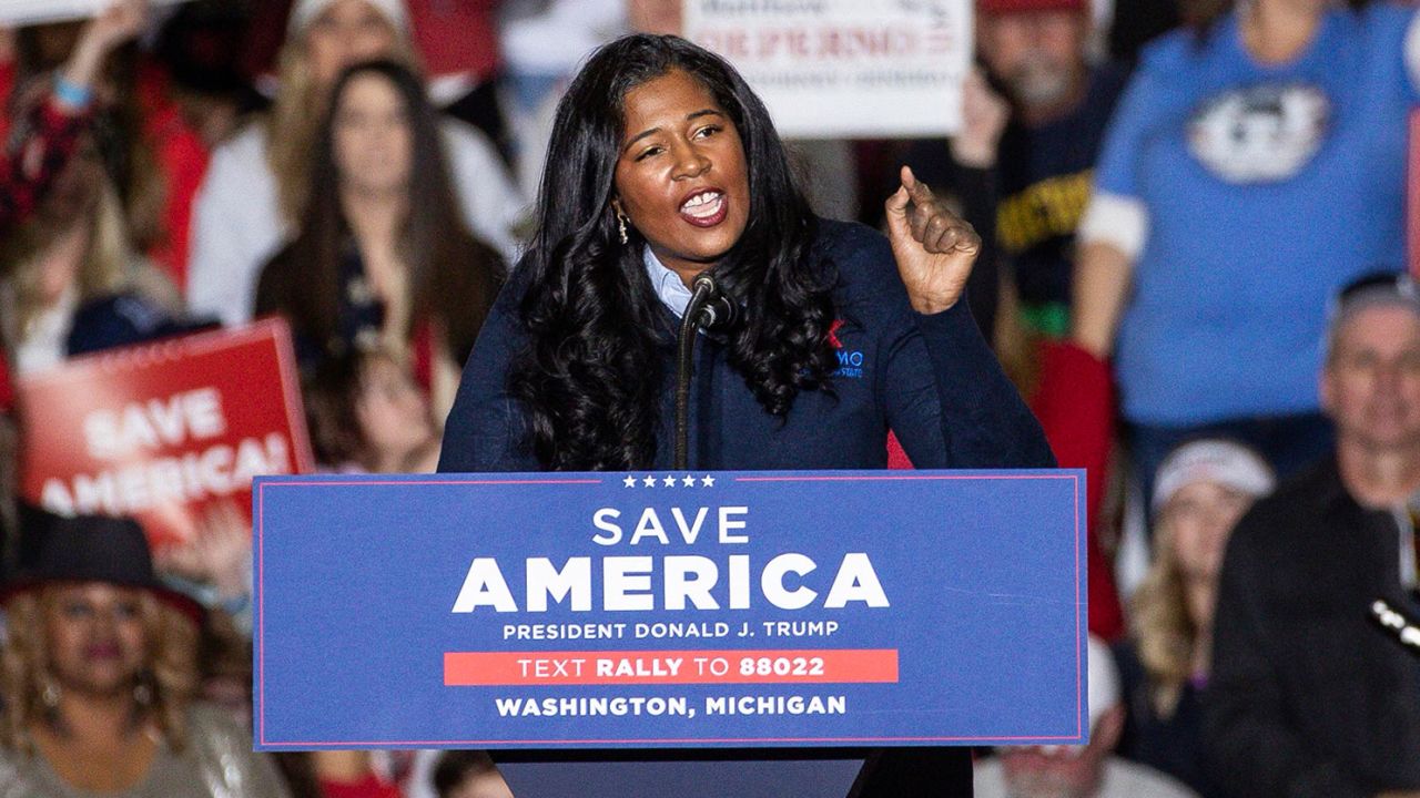 In this April 2022 photo, Kristina Karamo speaks at a Save America rally at the Michigan Stars Sports Center in Macomb County, Michigan.