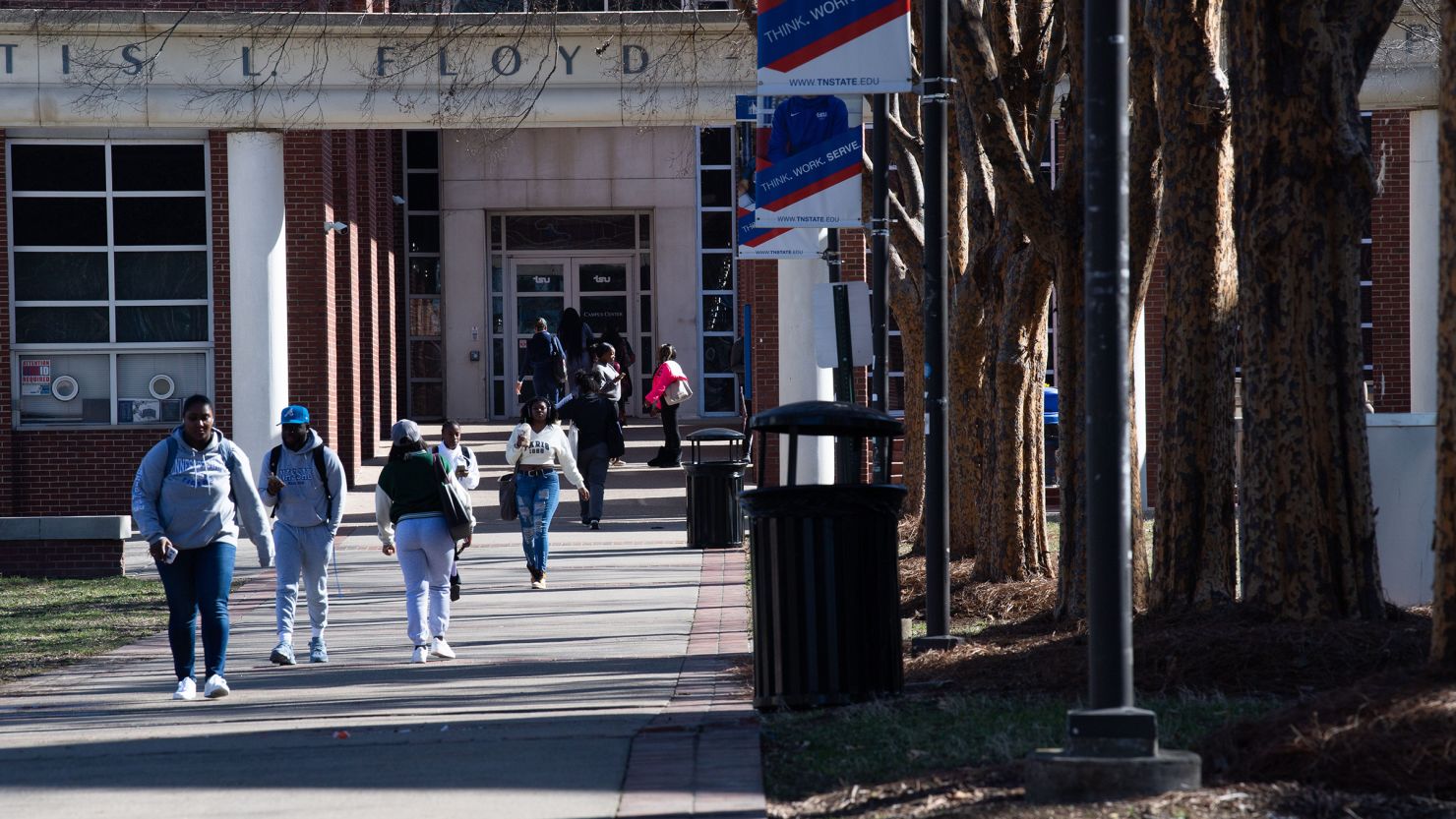 Students walk out of the student center on the Tennessee State University campus in Nashville, on February 6. 