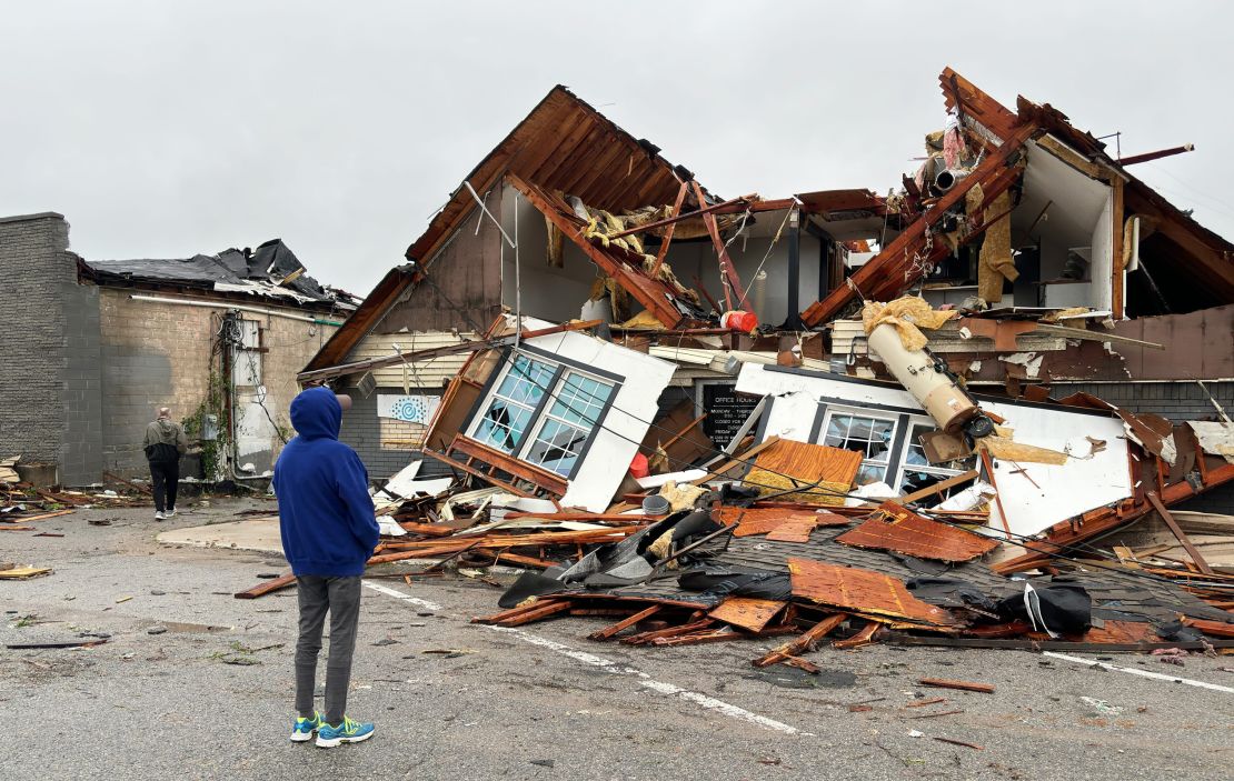 Damage from a tornado that tore through Sulphur, Oklahoma, on April 27, 2024.