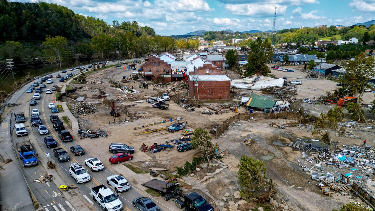 The Arts District, along the French Broad River, in Asheville, North Carolina, begins clean up during the aftermath of flooding caused by the remnants of Hurricane Helene. 