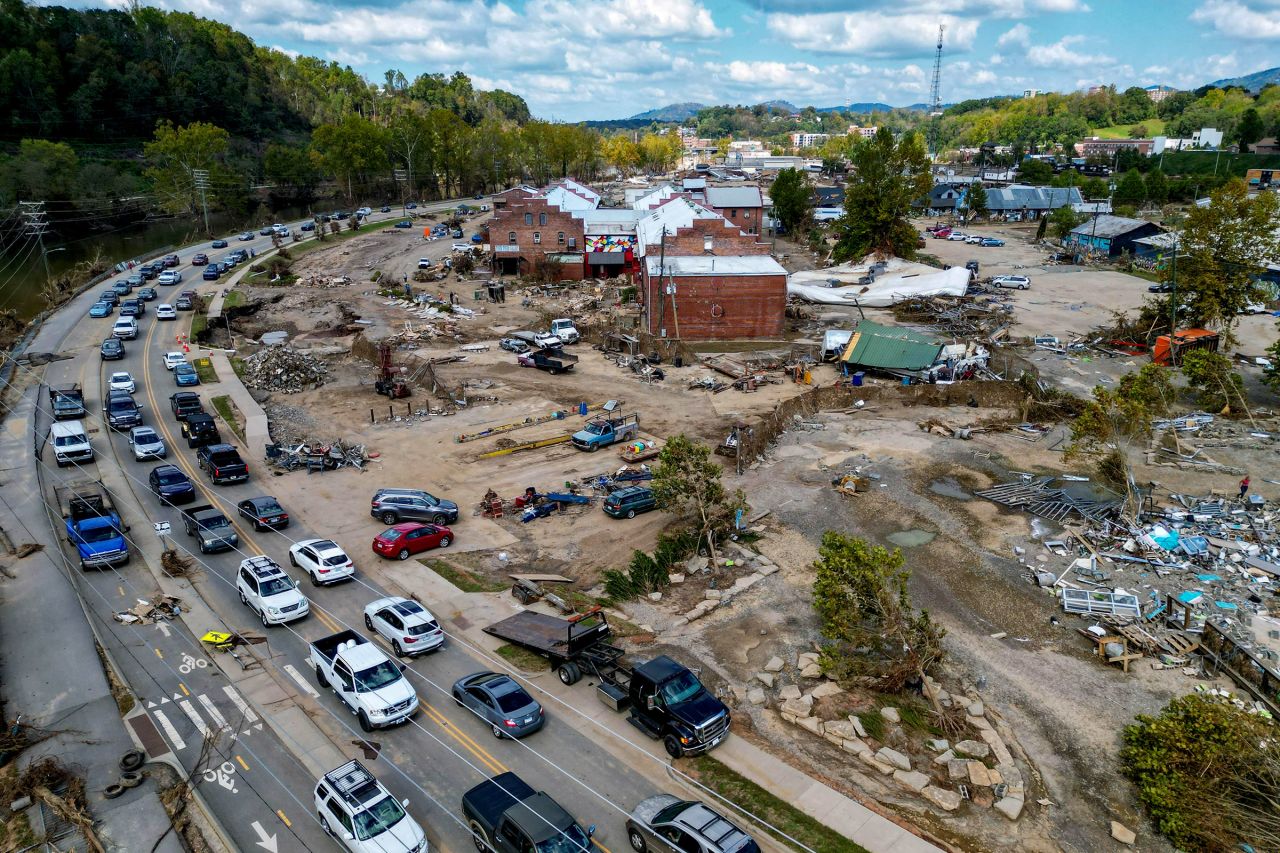 The Arts District, along the French Broad River, in Asheville, North Carolina, begins clean up during the aftermath of flooding caused by the remnants of Hurricane Helene. 