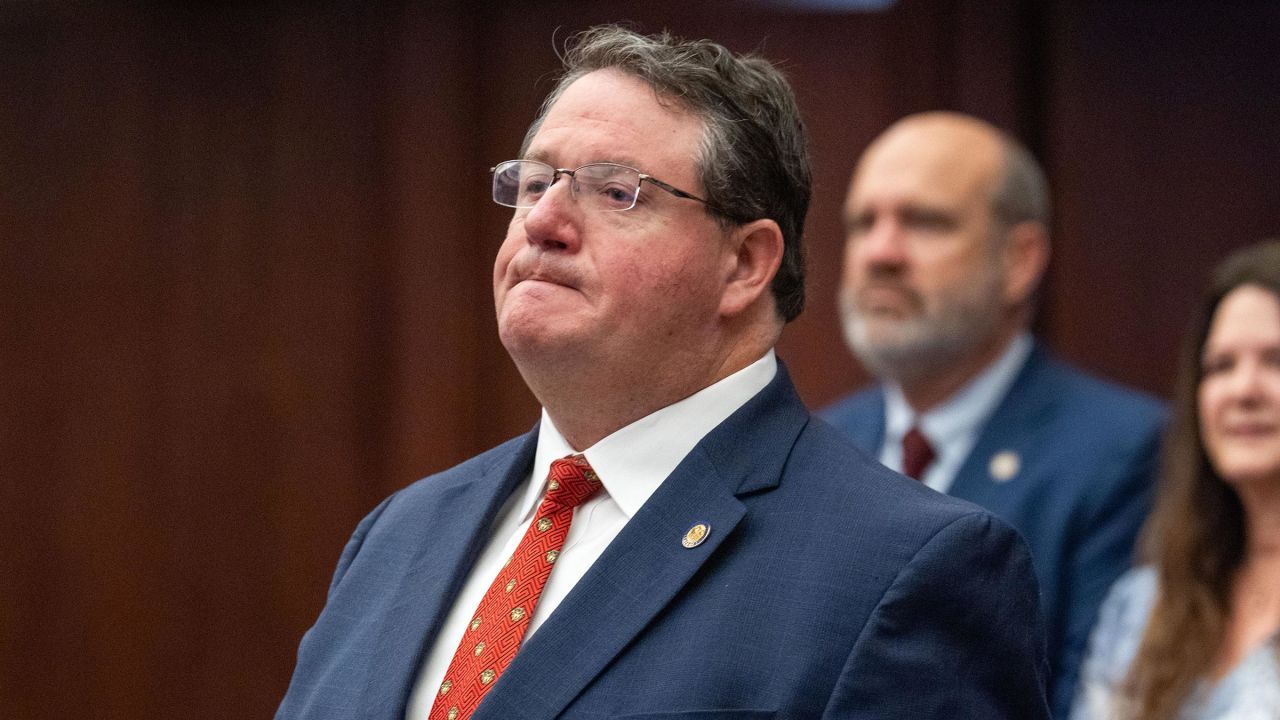 Florida Sen. Randy Fine stands for the pledge of allegiance during opening day of the Florida legislative session Tuesday, March 4, 2025, in Tallahassee, Florida.