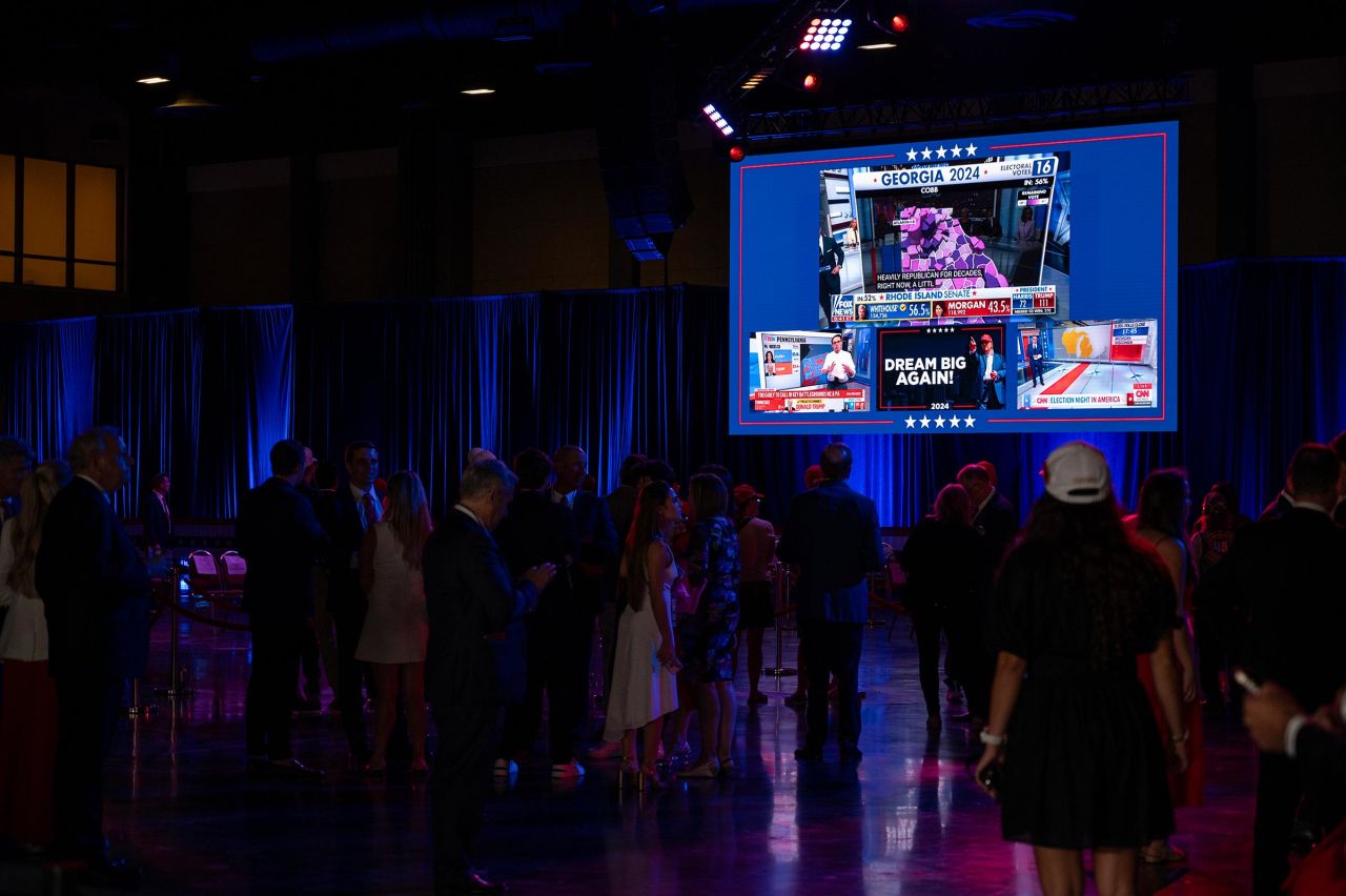 People watch as election results come in at the Palm Beach County Convention Center in West Palm Beach, Florida, on Tuesday, November 5.