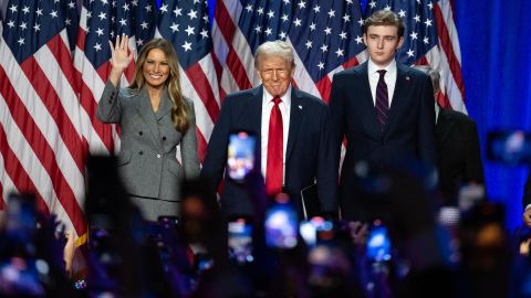 Former first lady Melania Trump, former President Donald Trump and Barron Trump at the Palm Beach County Convention Center in West Palm Beach, Florida, on Wednesday, November 6, 2024.