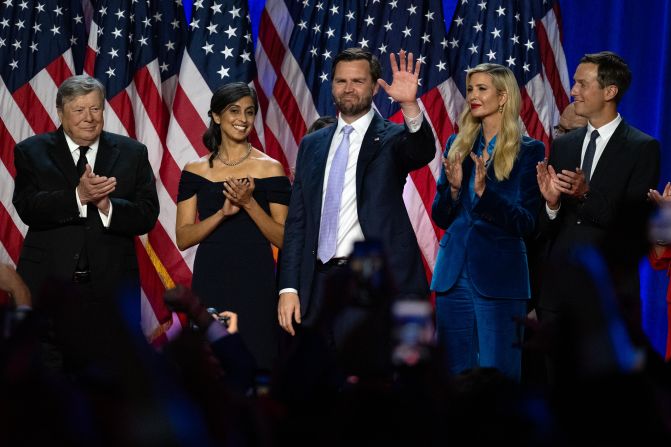 Republican vice presidential nominee JD Vance waves at the Palm Beach County Convention Center in West Palm Beach, Florida, on November 6, 2024.